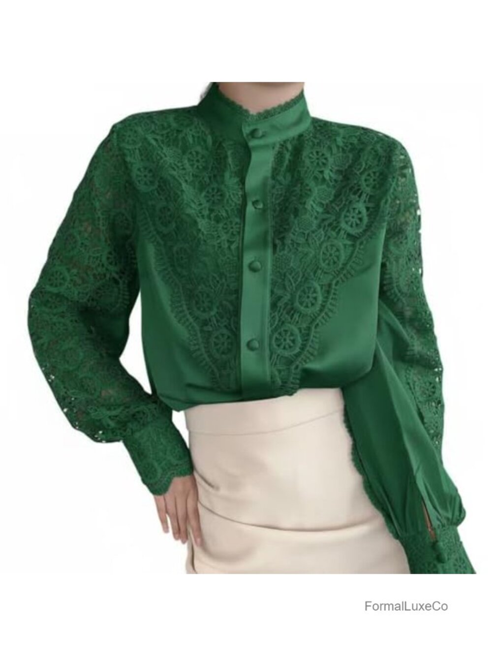 Victorian Lace Trim Mock Neck Puff Sleeve Button Down Shirt Women Dressy Blouse